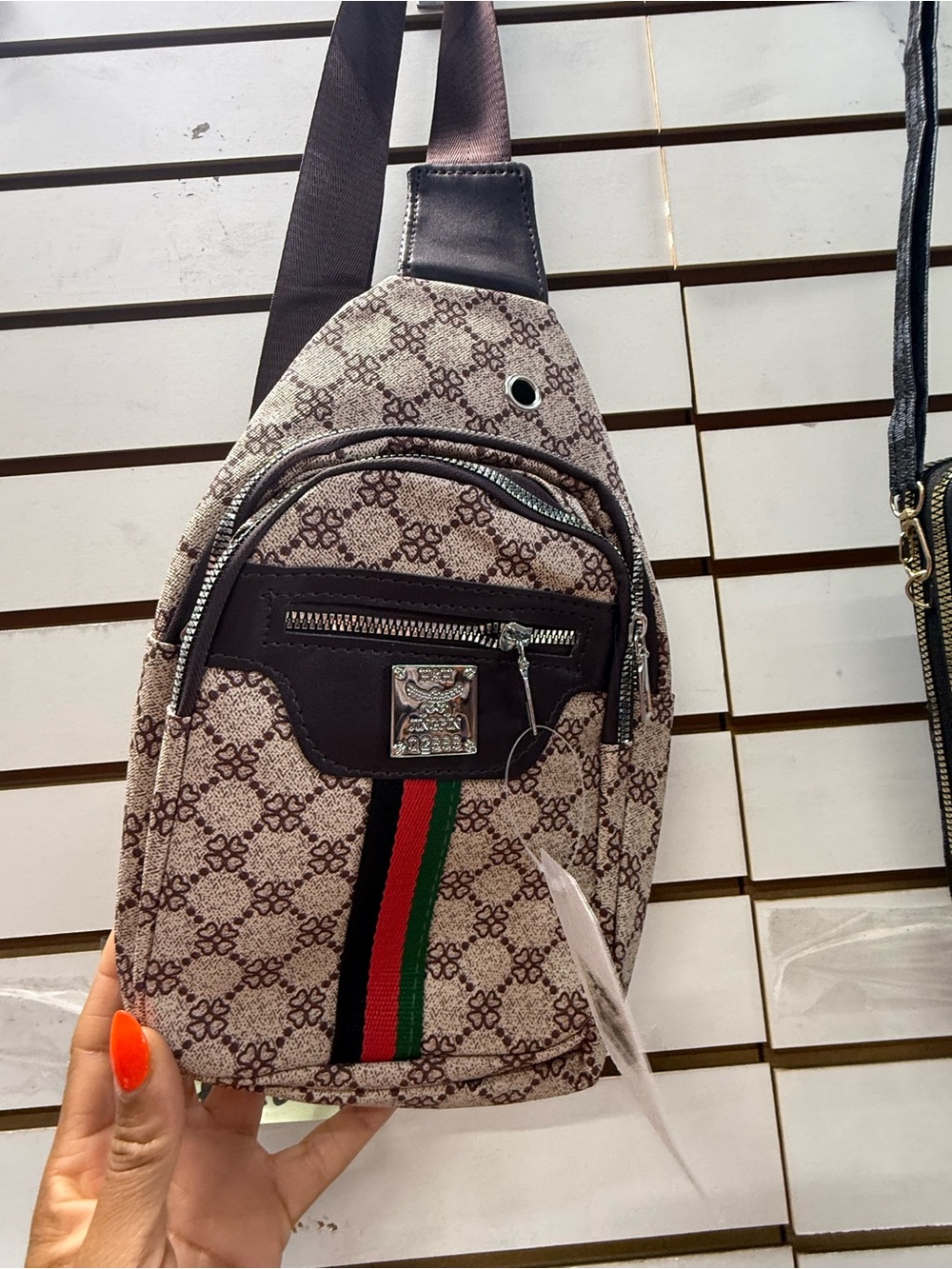 Beige Patterned Men's Sling Bag with Green-Red Accent
